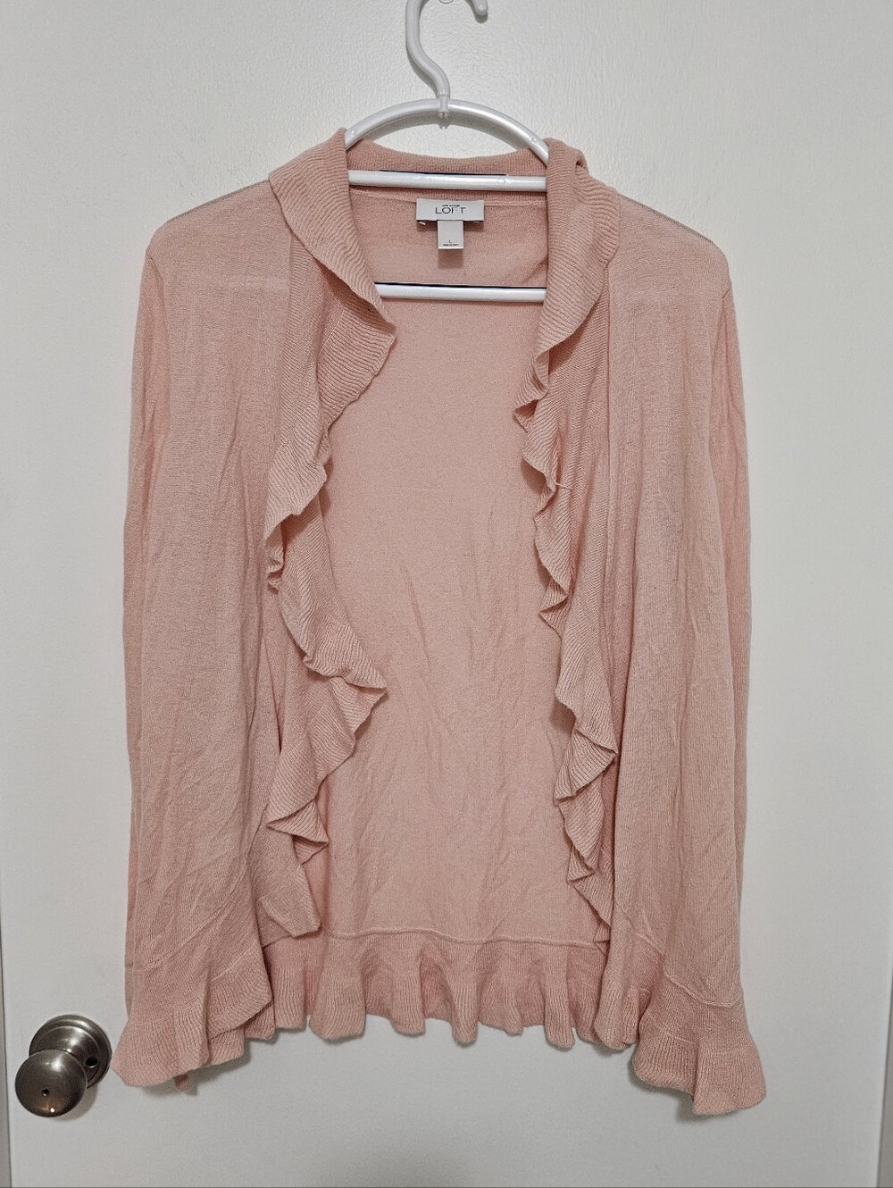 Ann Taylor LOFT Peach Colored Ruffle Open Cardigan Wool Blend Size Large
